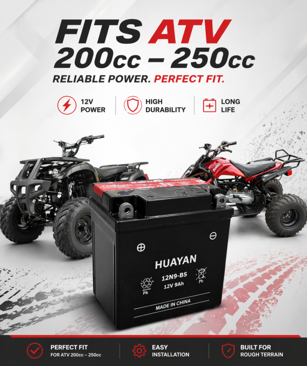 12V 9Ah Battery – 12N9-BS – Fits ATV 200cc 250cc